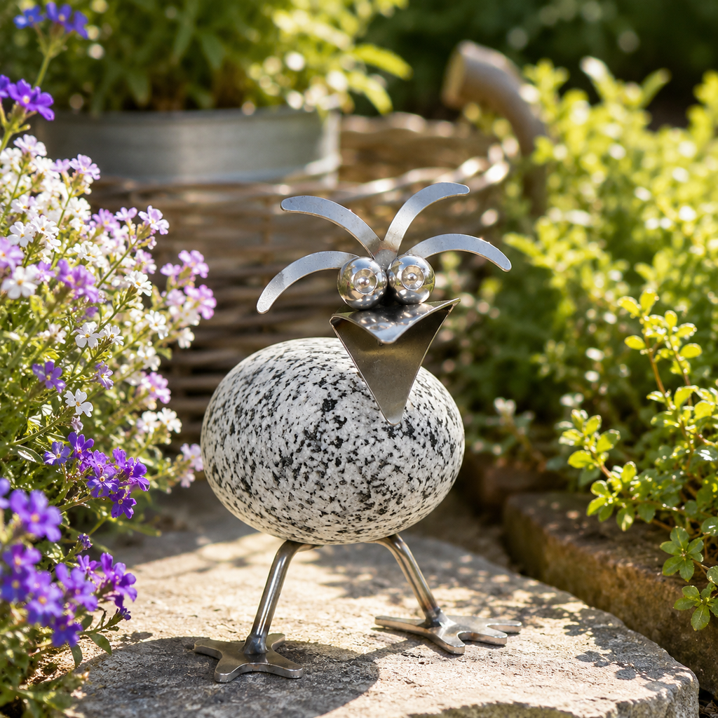 Steinvogel Küken stehend ca.13 cm hoch aus Granit und Edelstahl