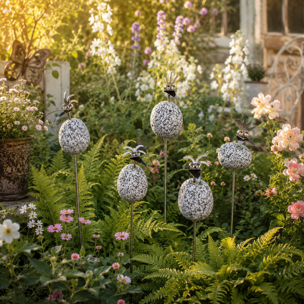 Sommerangebot  5 Steinvogel Küken Gartenstecker aus Granit & Edelstahl – 5 zum Preis von 4
