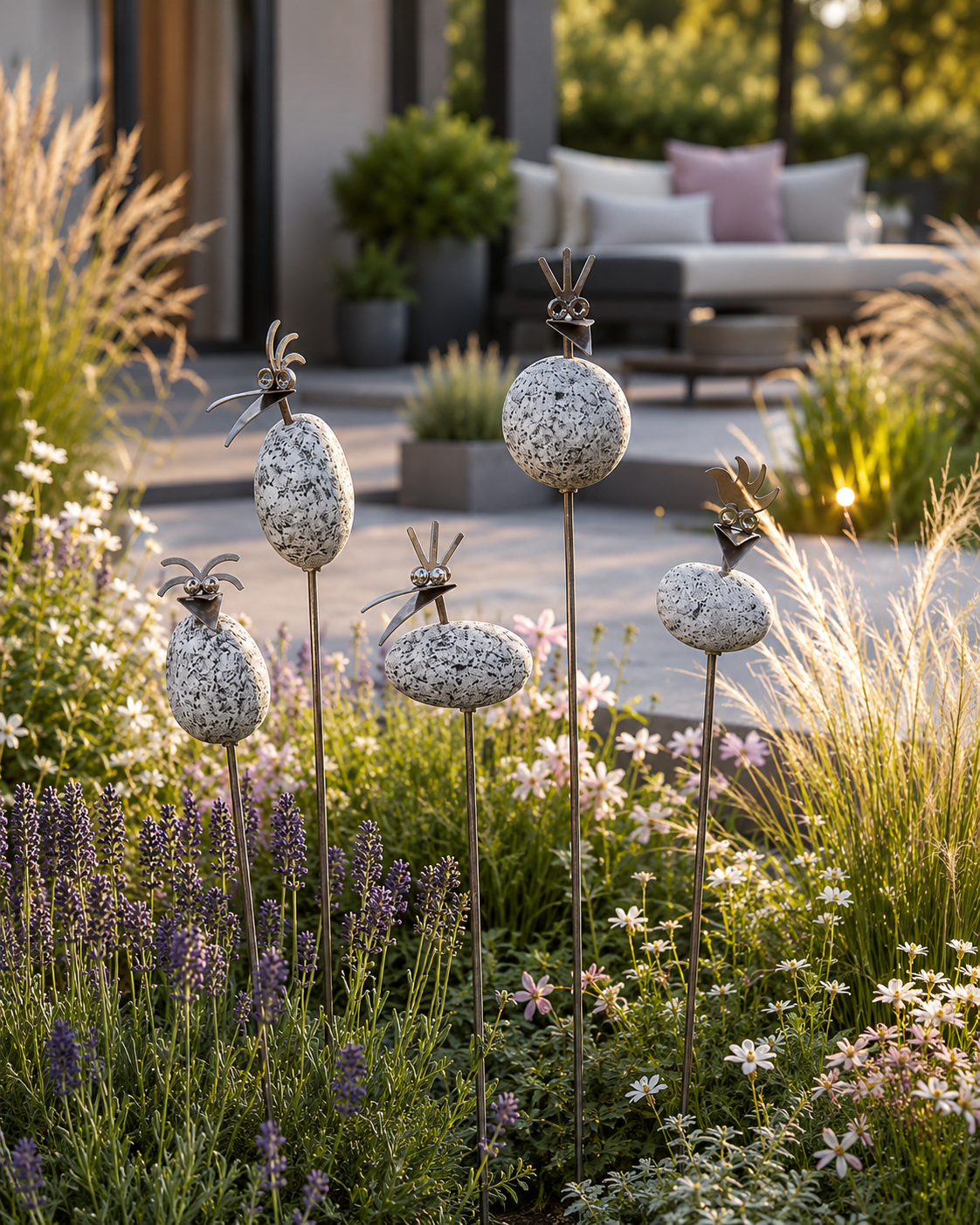 Sommerangebot  5 Steinvogel Küken Gartenstecker aus Granit & Edelstahl – 5 zum Preis von 4