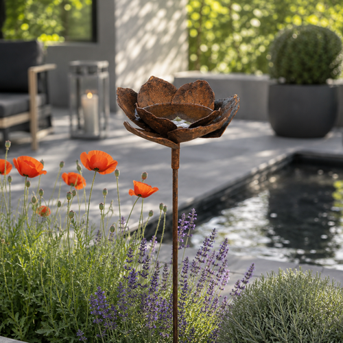 Edelrost Metall Gartenstecker Blume Ø 18 cm – Futter- & Dekoschale