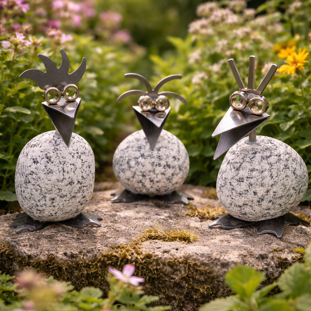 Steinvogel Küken mit Füßen aus Granit und Edelstahl Naturstein Deko