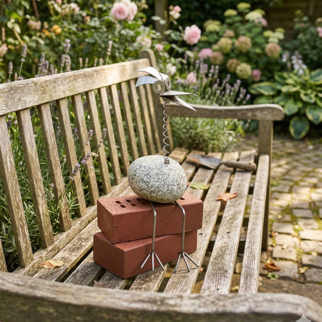 Steinvogel Kantenhocker mit Wackelhals aus Granit und Edelstahl Naturstein