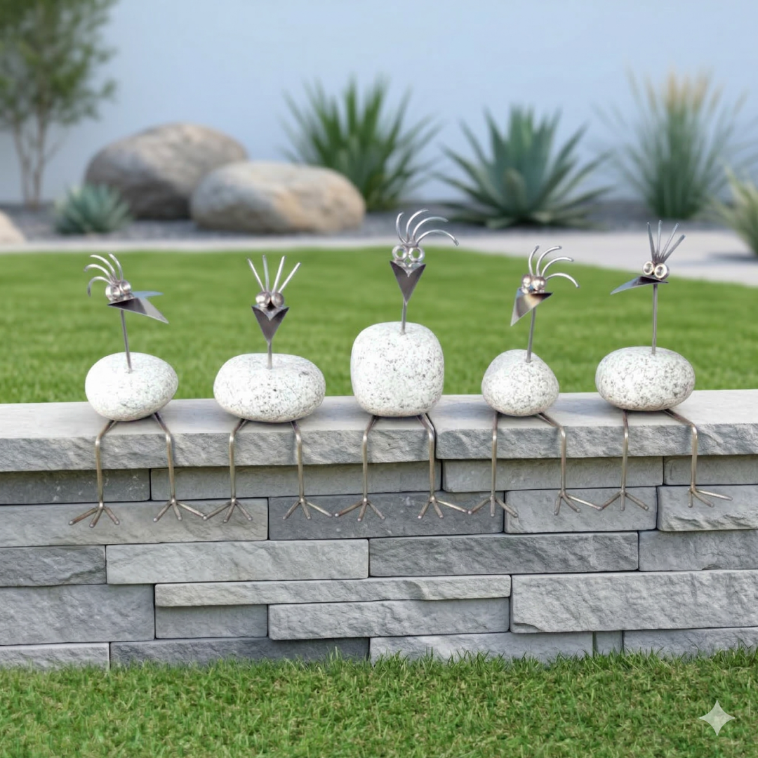 Kantenhocker Steinvogel Granit und Edelstahl langer Hals Naturstein Deko