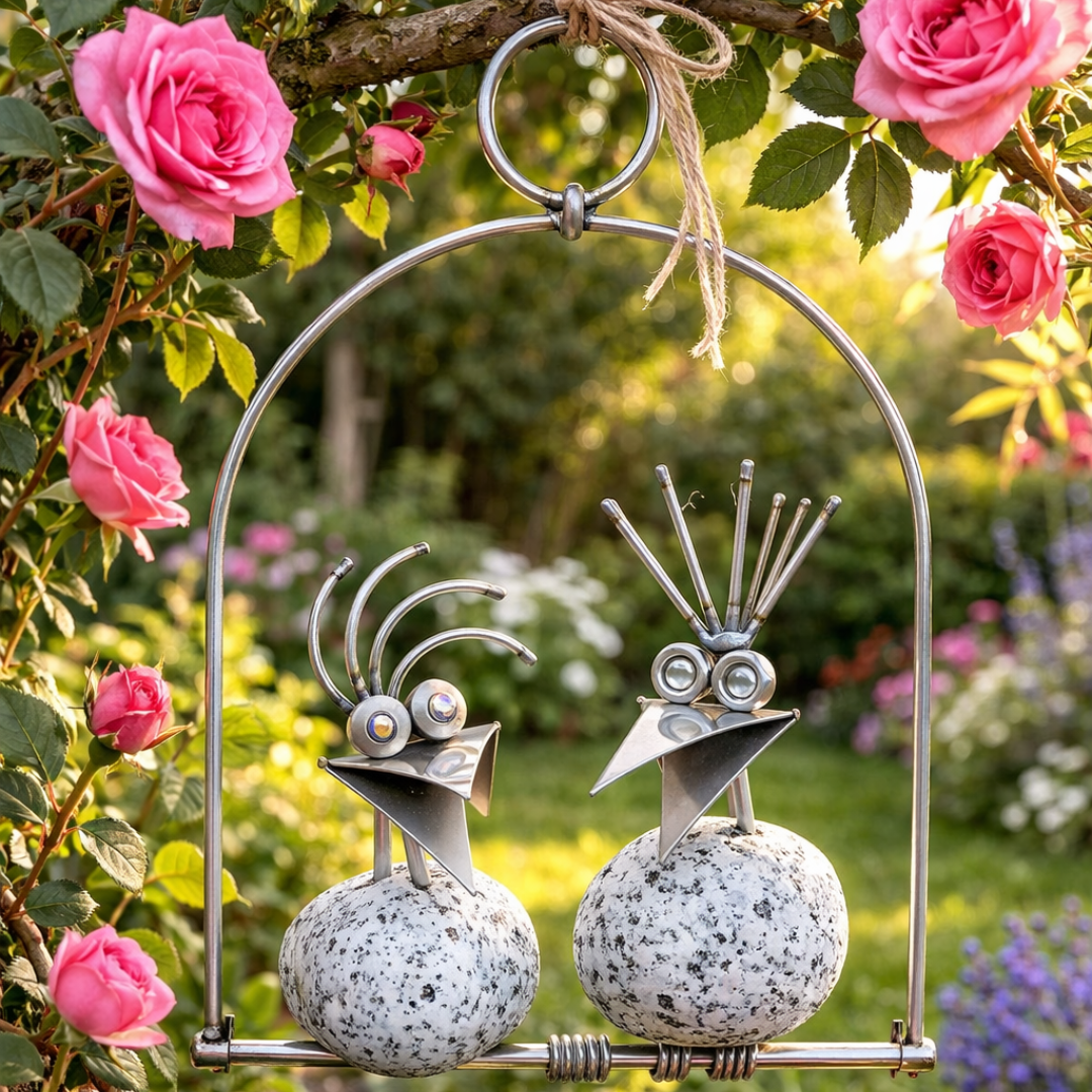 Steinvogel Pärchen Hängend aus Granit und Edelstahl  Naturstein Deko