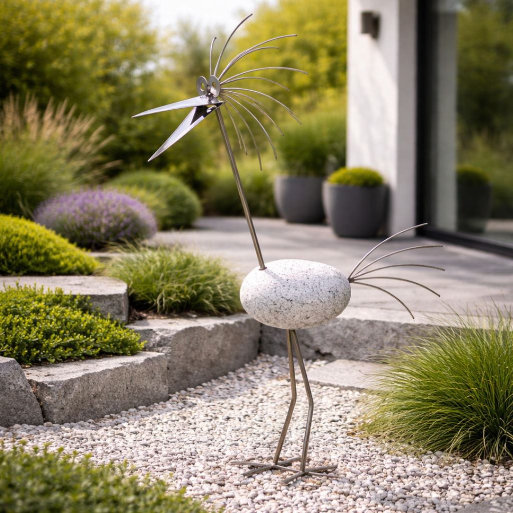 XXL Steinvogel 140 cm Naturstein Granit Edelstahl Gartendeko – Dekolina