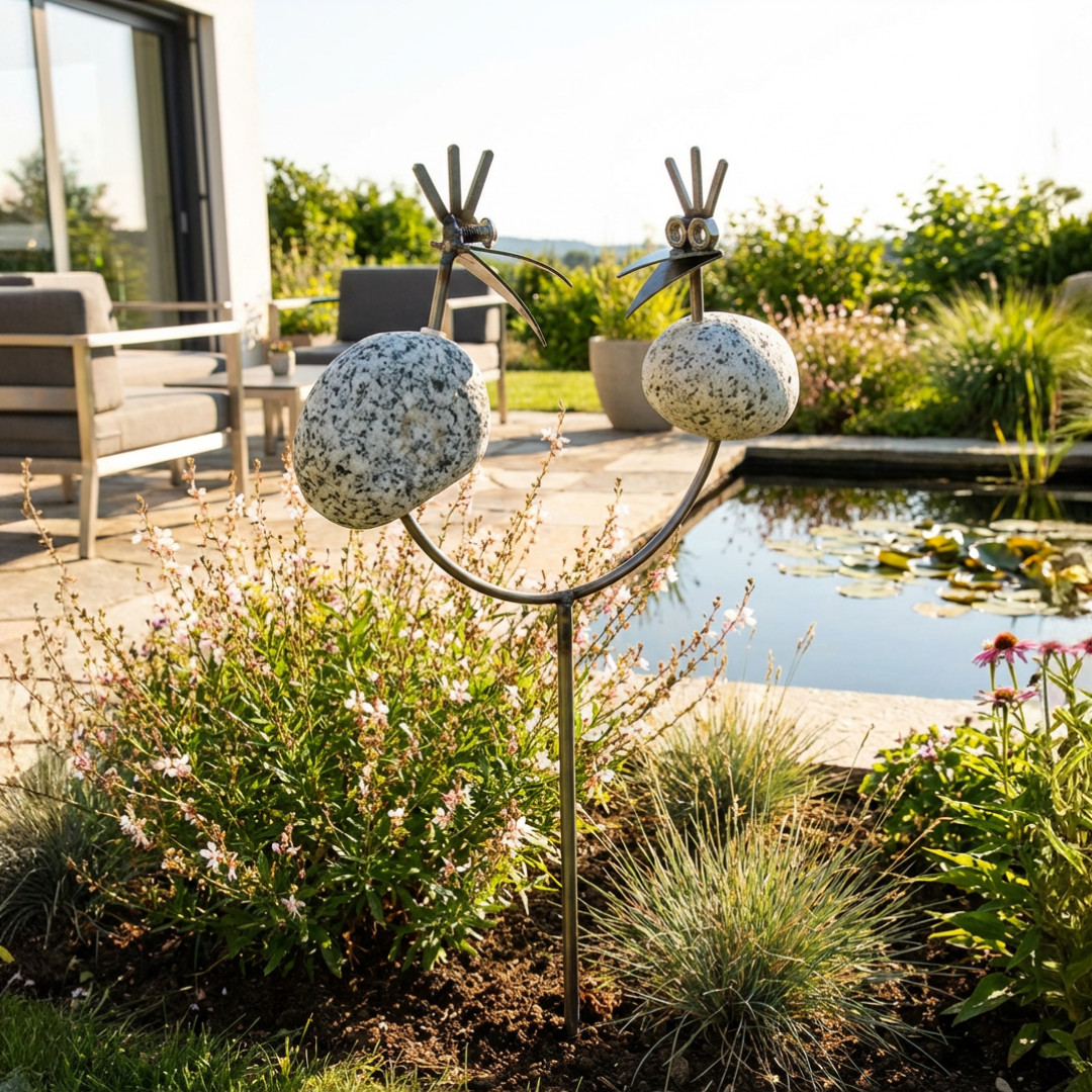 Gartenstecker Steinvogel Pärchen Granit Edelstahl – 85 cm – Dekolina