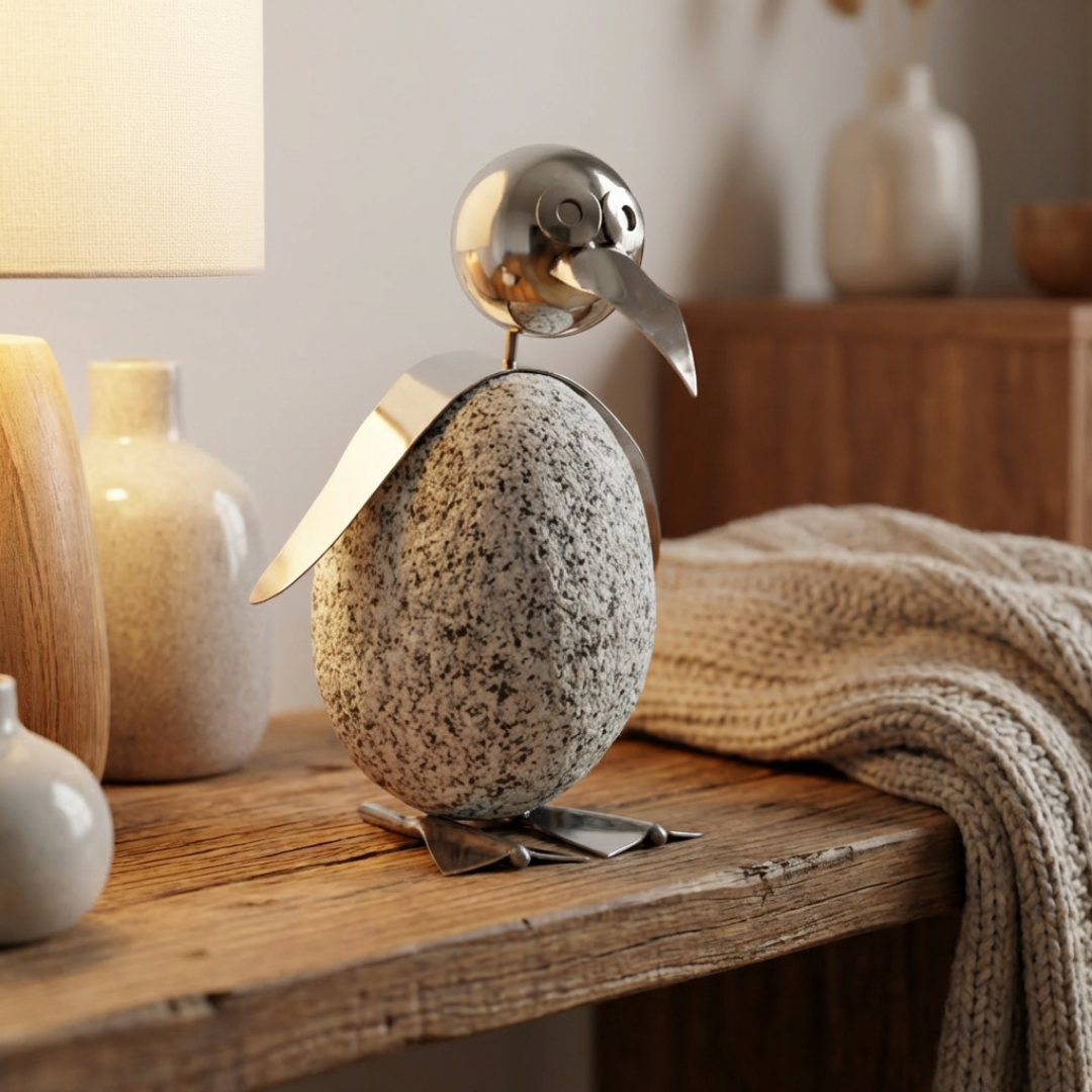 Pinguin Gartendeko aus Granit & Edelstahl 35 cm handgefertigt mit Wackelkopf