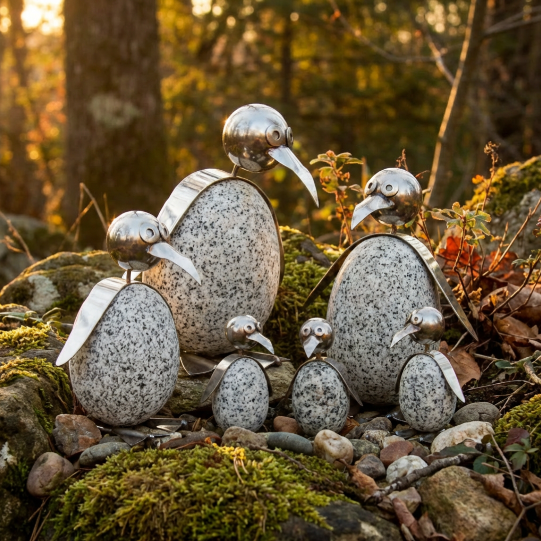 Pinguin Gartendeko aus Granit & Edelstahl 20 cm handgefertigt mit Wackelkopf