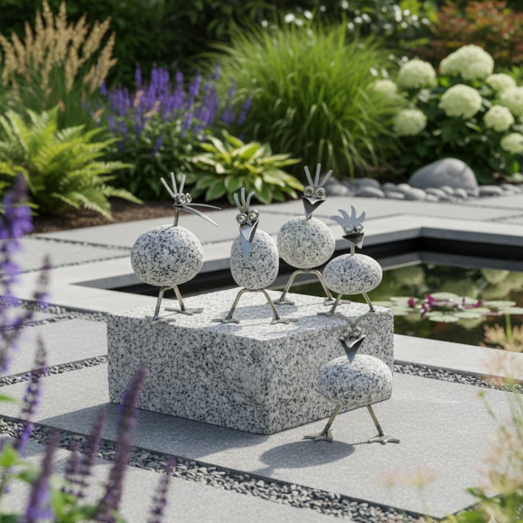 Steinvogel Küken 5er Set aus Granit und Edelstahl je ca. 13 cm hoch