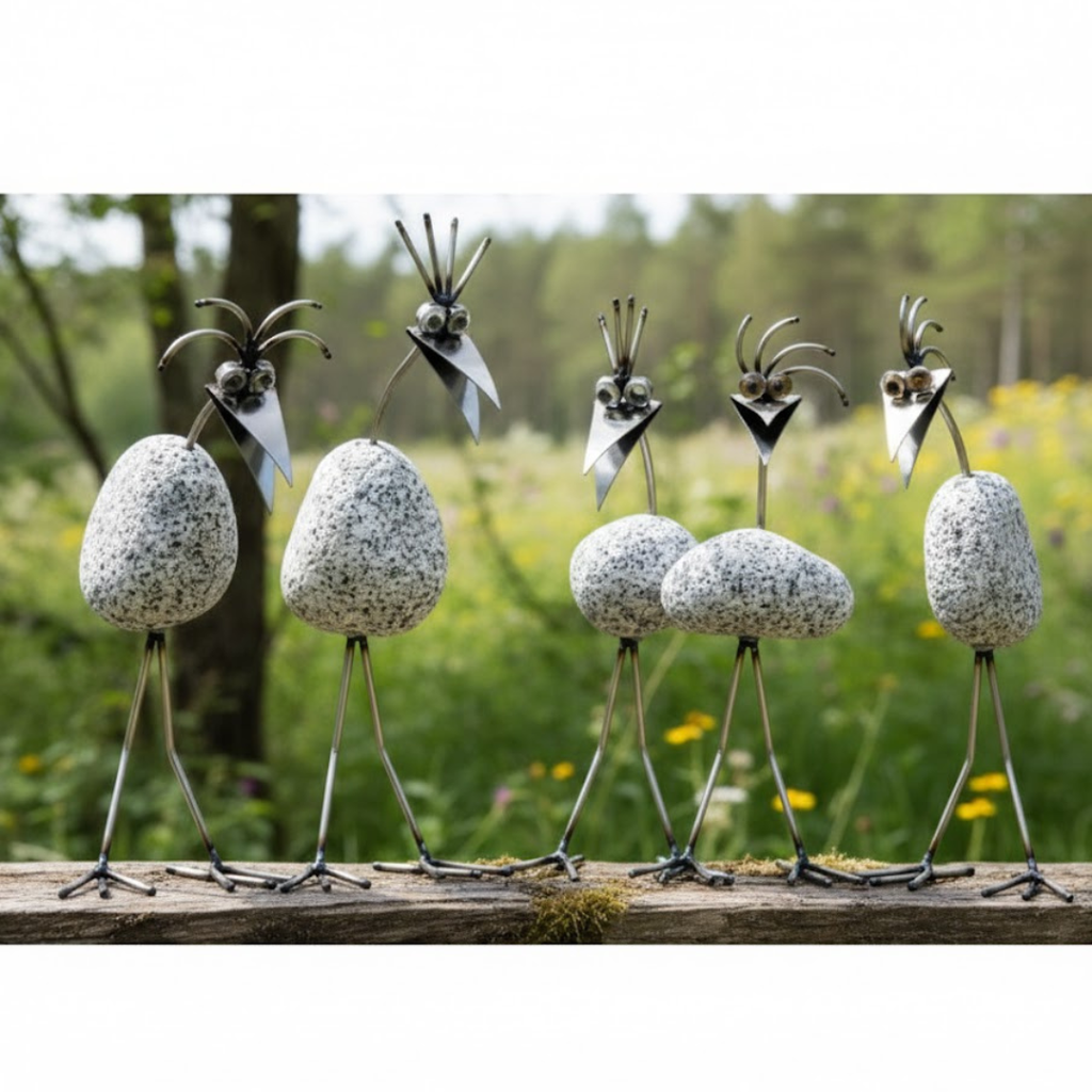 Steinvogel aus Granit und Edelstahl gebogener Hals ca. 30 cm 5 Kopfformen zur Wahl
