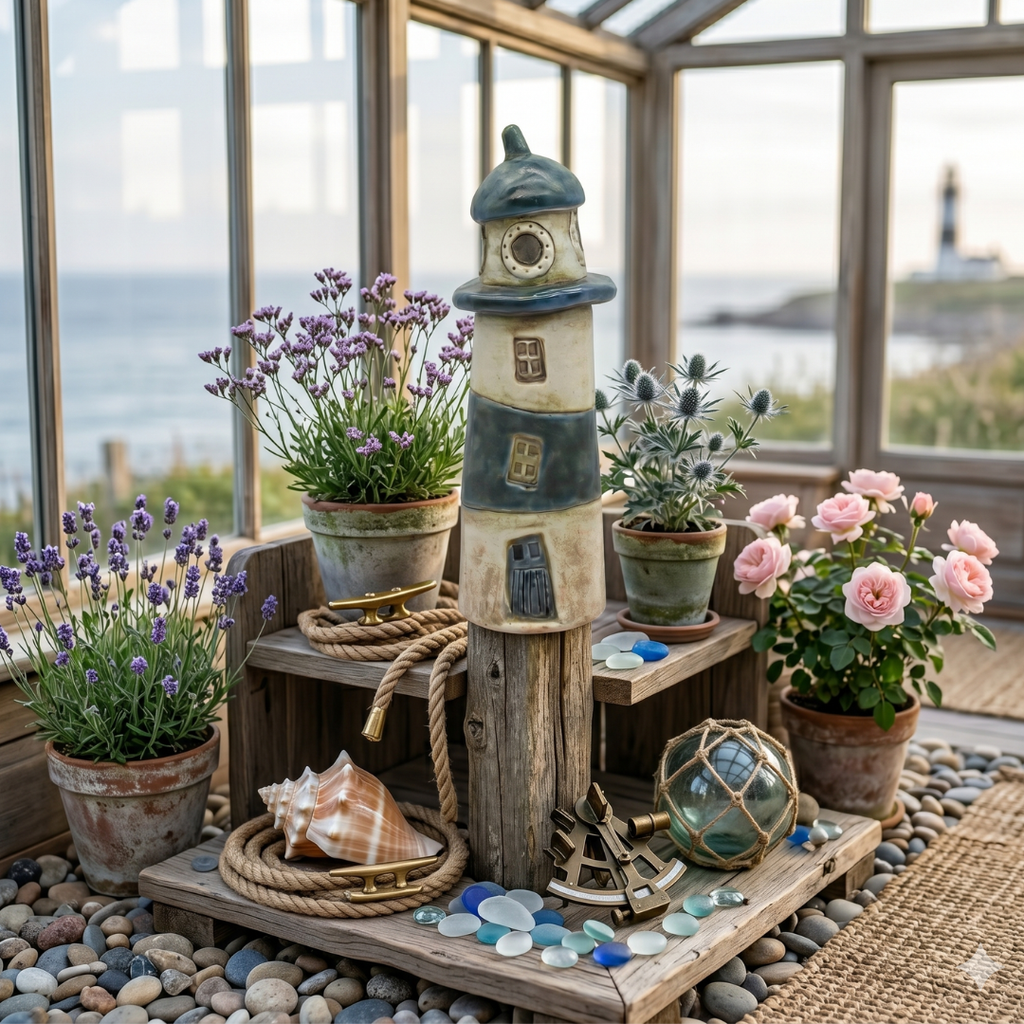 Zaunhocker Leuchtturm Ocean aus Keramik ca. 22 cm – maritime Gartendeko