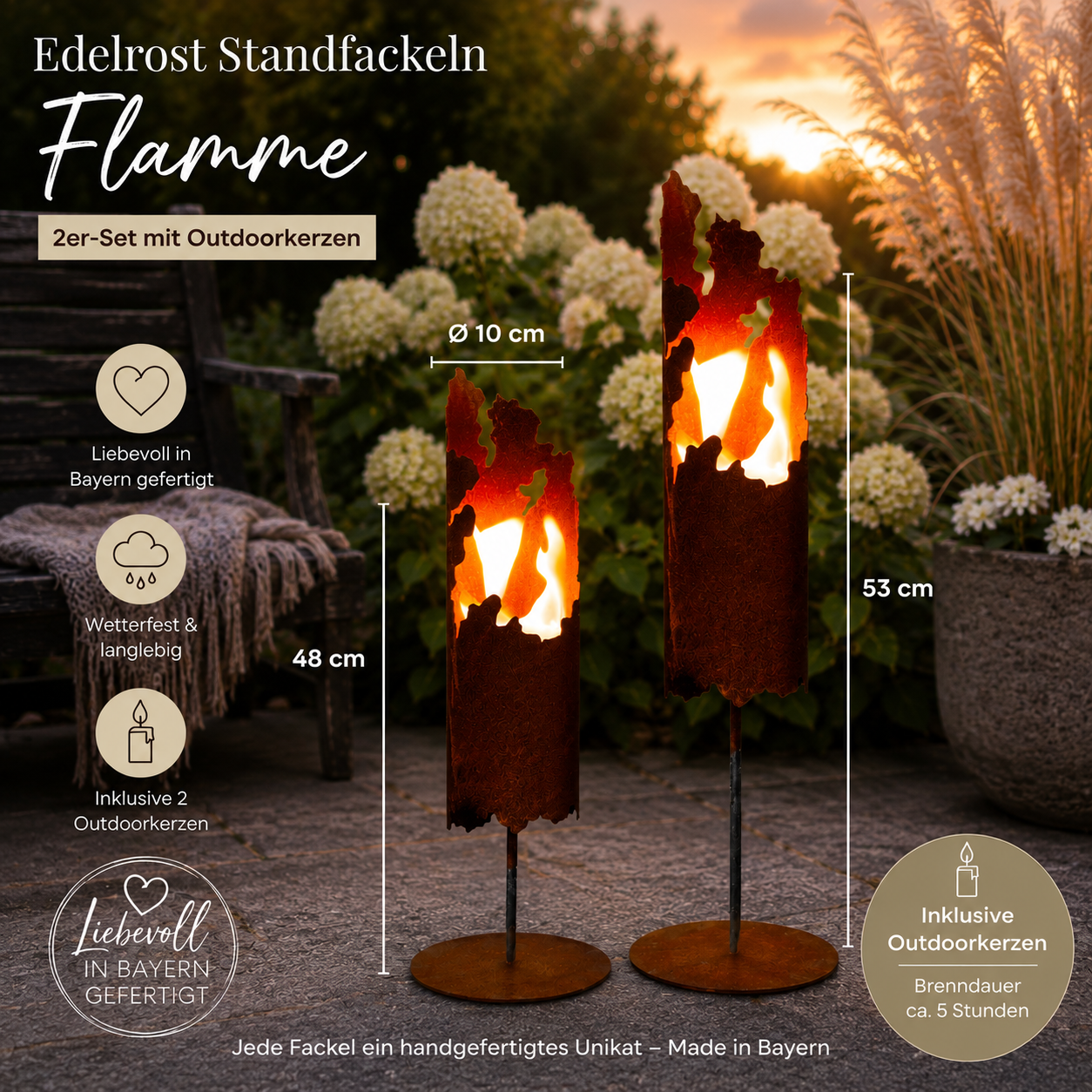 Edelrost Standfackeln „Flamme“ im 2er-Set mit Outdoorkerzen – 48 & 53 cm