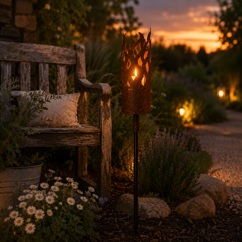 Edelrost Gartenfackel „Flammendesign“ mit Outdoorkerze – Höhe ca. 131 cm