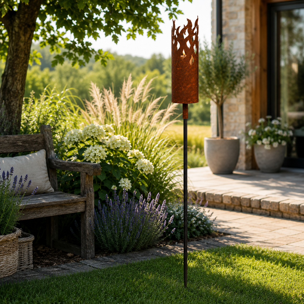 Edelrost Gartenfackel „Flammendesign“ mit Outdoorkerze – Höhe ca. 131 cm