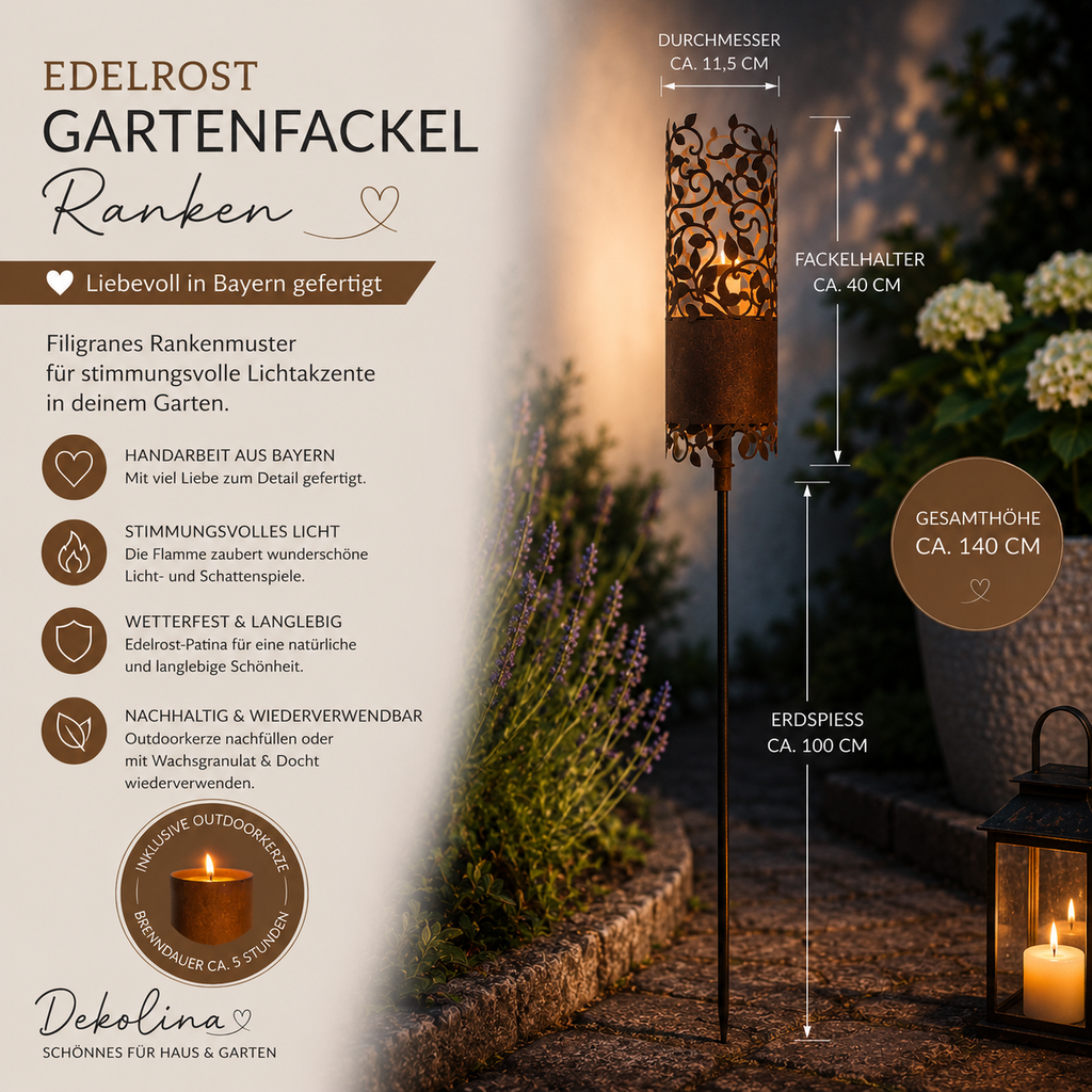 Edelrost Fackel „Ranken“ mit Outdoorkerze–  Gesamthöhe ca. 140 cm