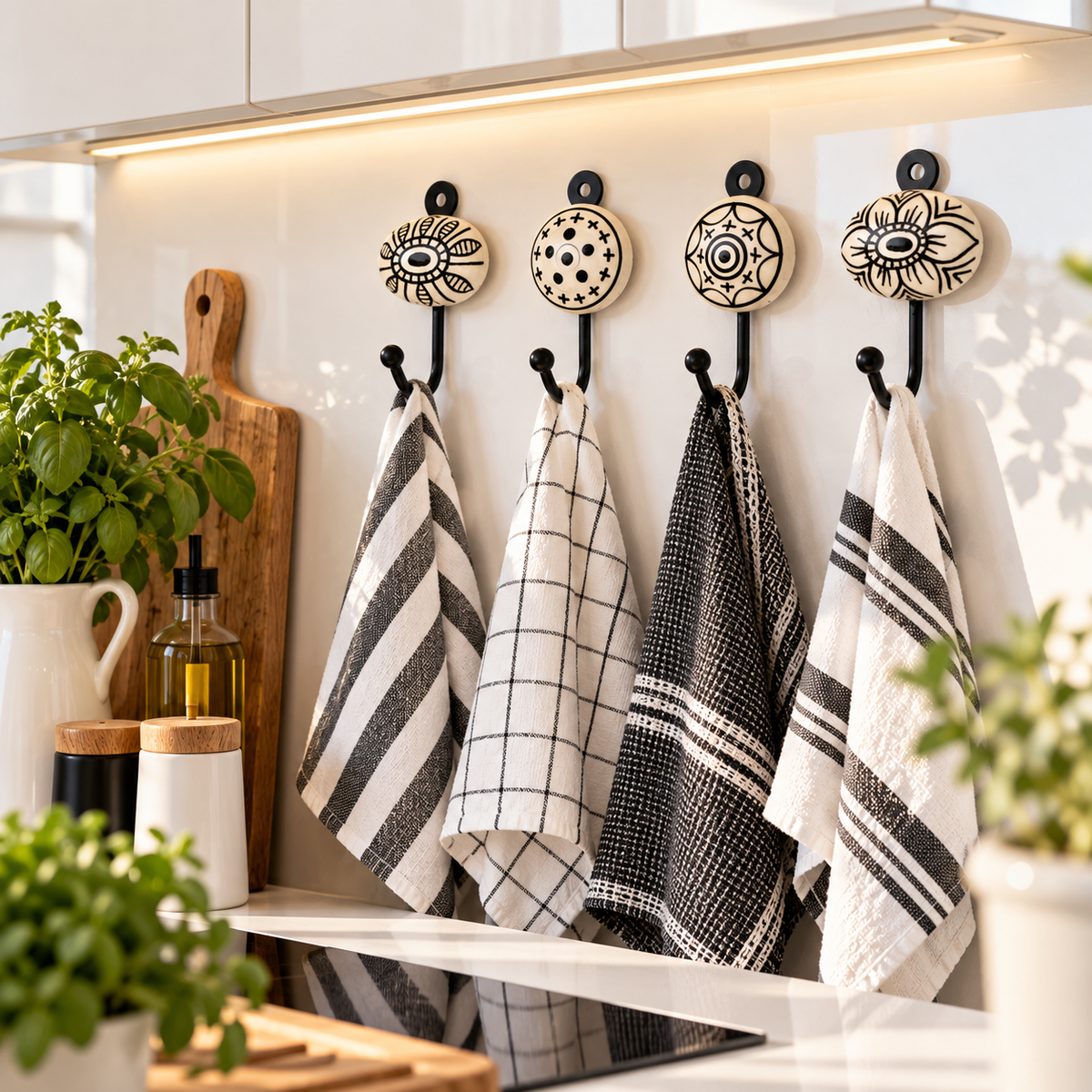 Wandhaken 4er-Set aus Metall & Keramik – Schwarz-Weiß Ornamente
