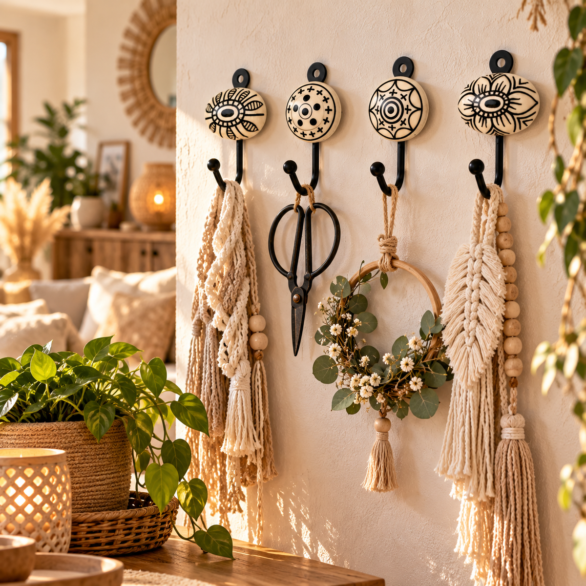Wandhaken 4er-Set aus Metall & Keramik – Schwarz-Weiß Ornamente