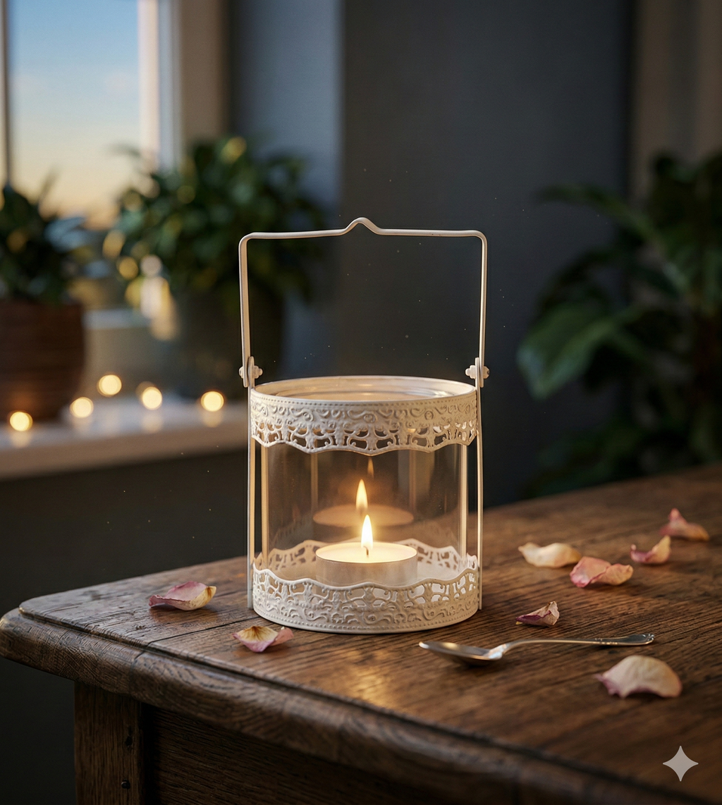 Shabby Chic Laterne 13,5 cm – Weiß mit Glaseinsatz & Metallspitze