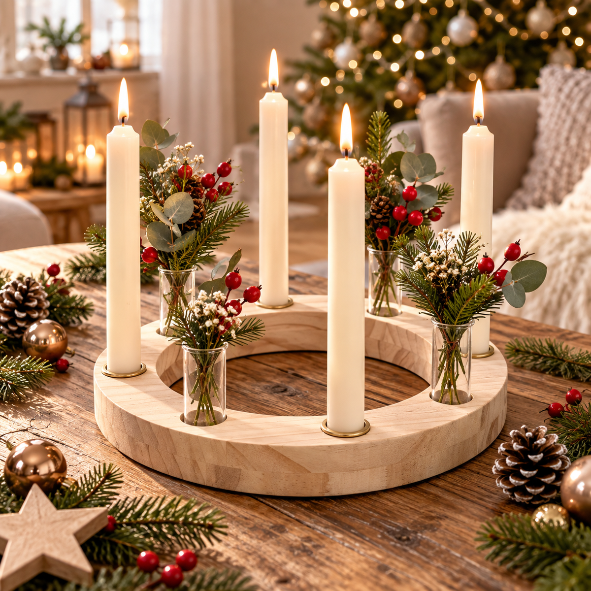 Adventskranz aus Holz mit 4 Glasvasen & Kerzenhaltern – Ø 30 cm – Dekolina
