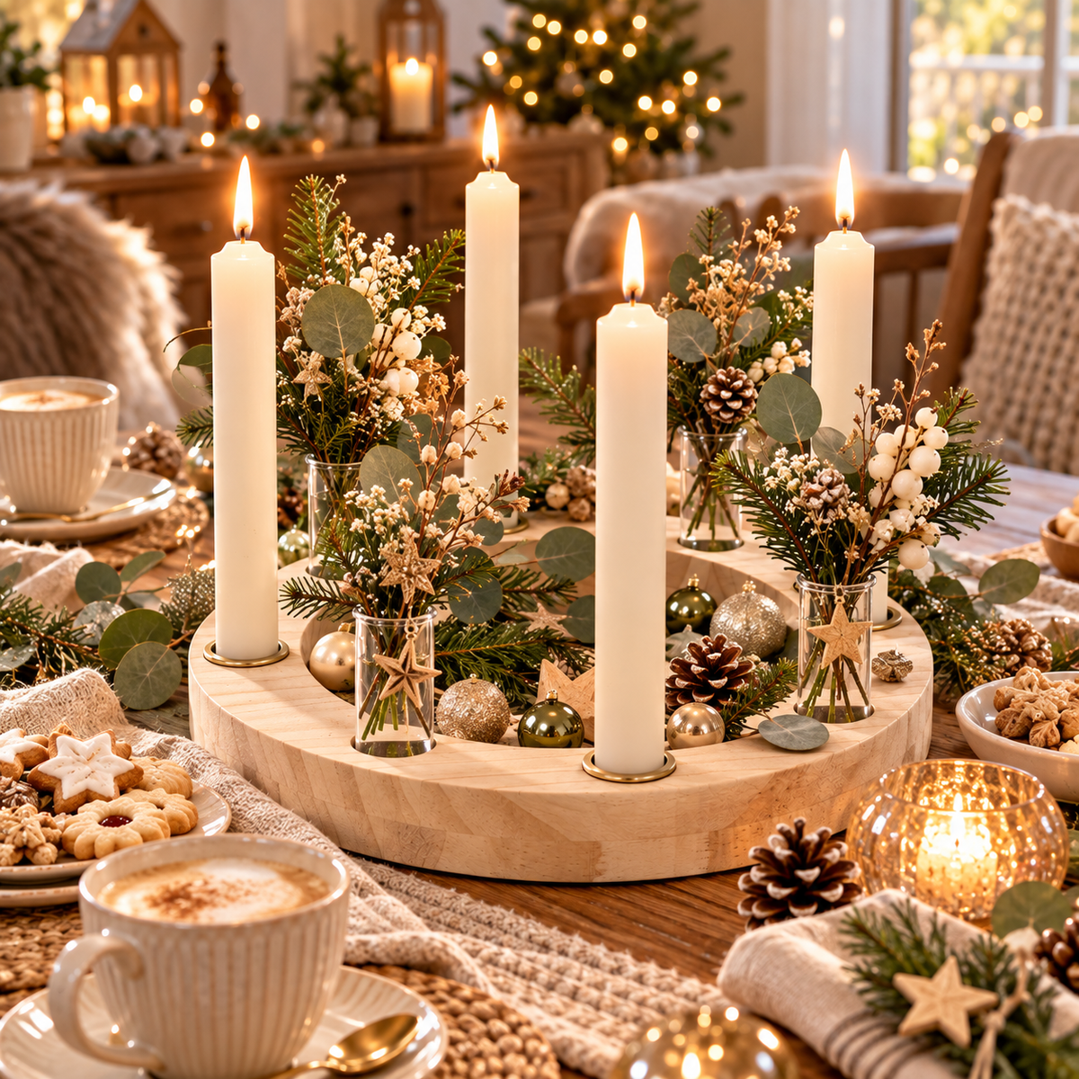 Adventskranz aus Holz mit 4 Glasvasen & Kerzenhaltern – Ø 30 cm