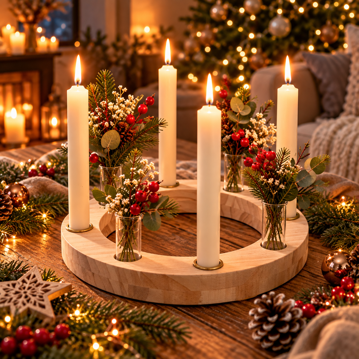 Adventskranz aus Holz mit 4 Glasvasen & Kerzenhaltern – Ø 30 cm