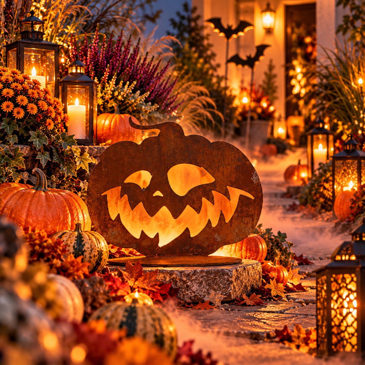 Herbstangebot: Halloween Kürbis aus Edelrost auf Platte Höhe ca. 30 cm