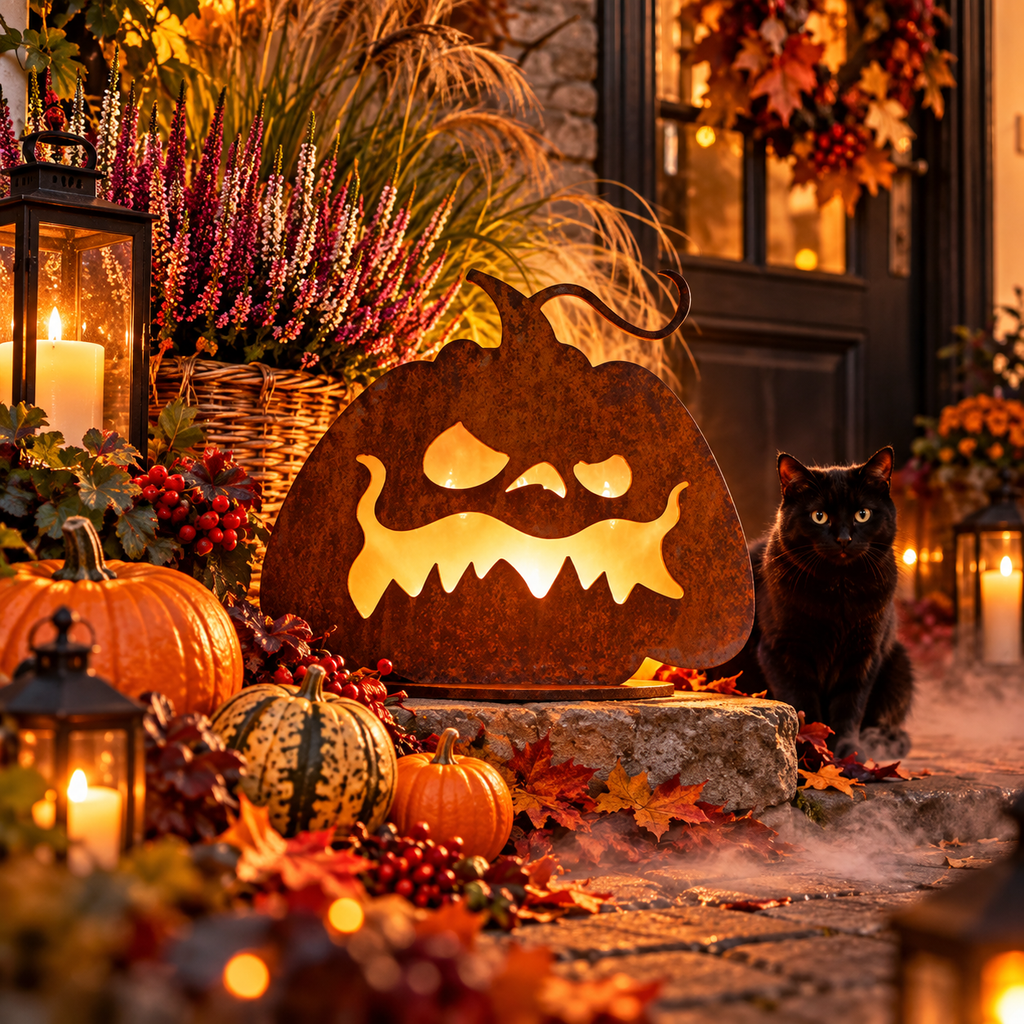 Herbstangebot: Halloween Kürbis aus Edelrost auf Platte  Höhe 27 cm Handarbeit