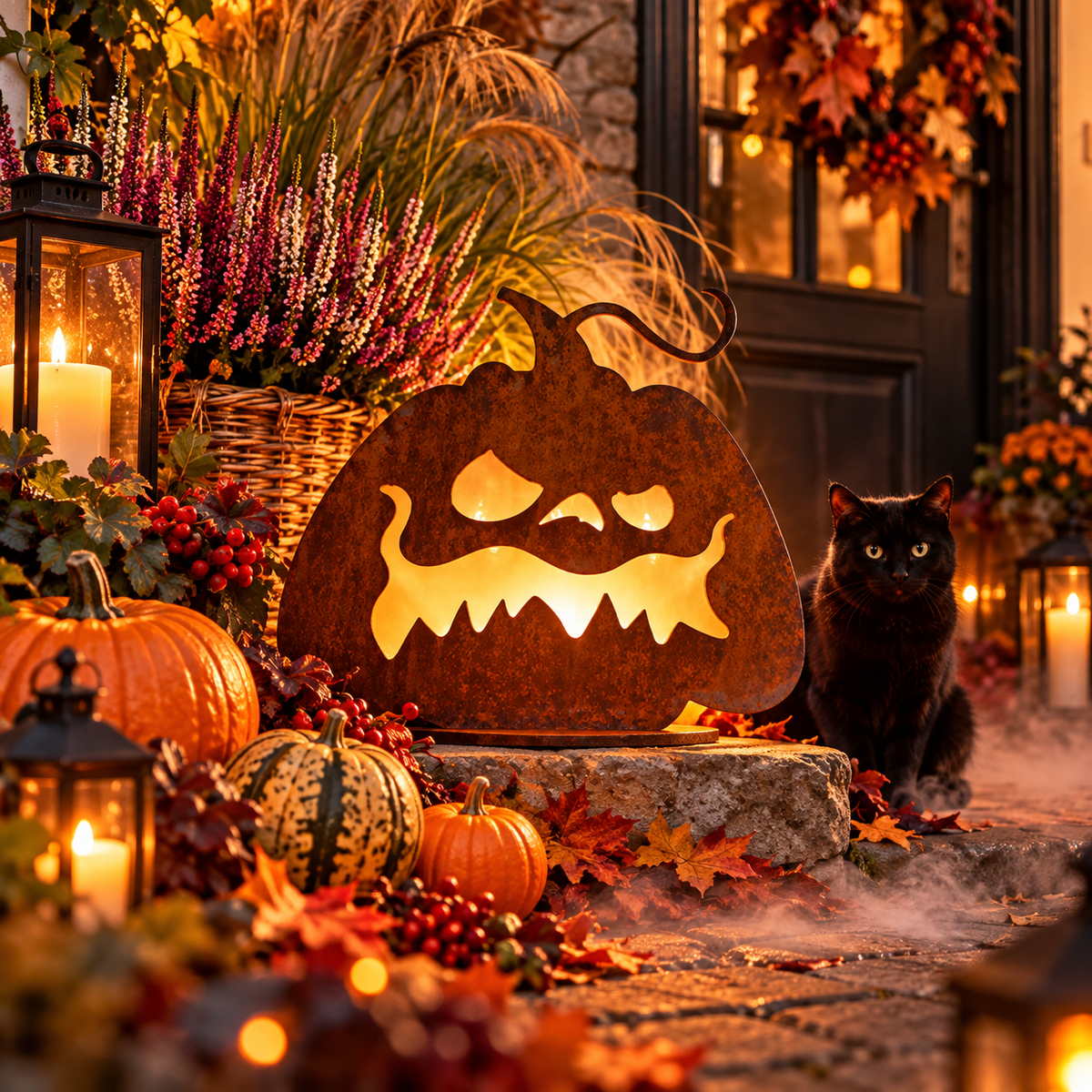 Herbstangebot: Halloween Kürbis aus Edelrost auf Platte  Höhe 27 cm Handarbeit