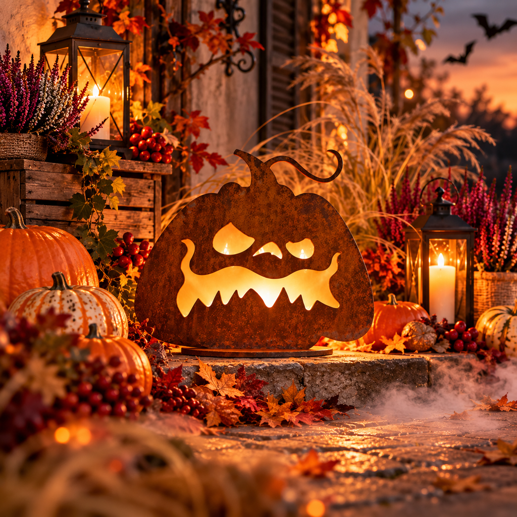 Herbstangebot: Halloween Kürbis aus Edelrost auf Platte  Höhe 27 cm Handarbeit