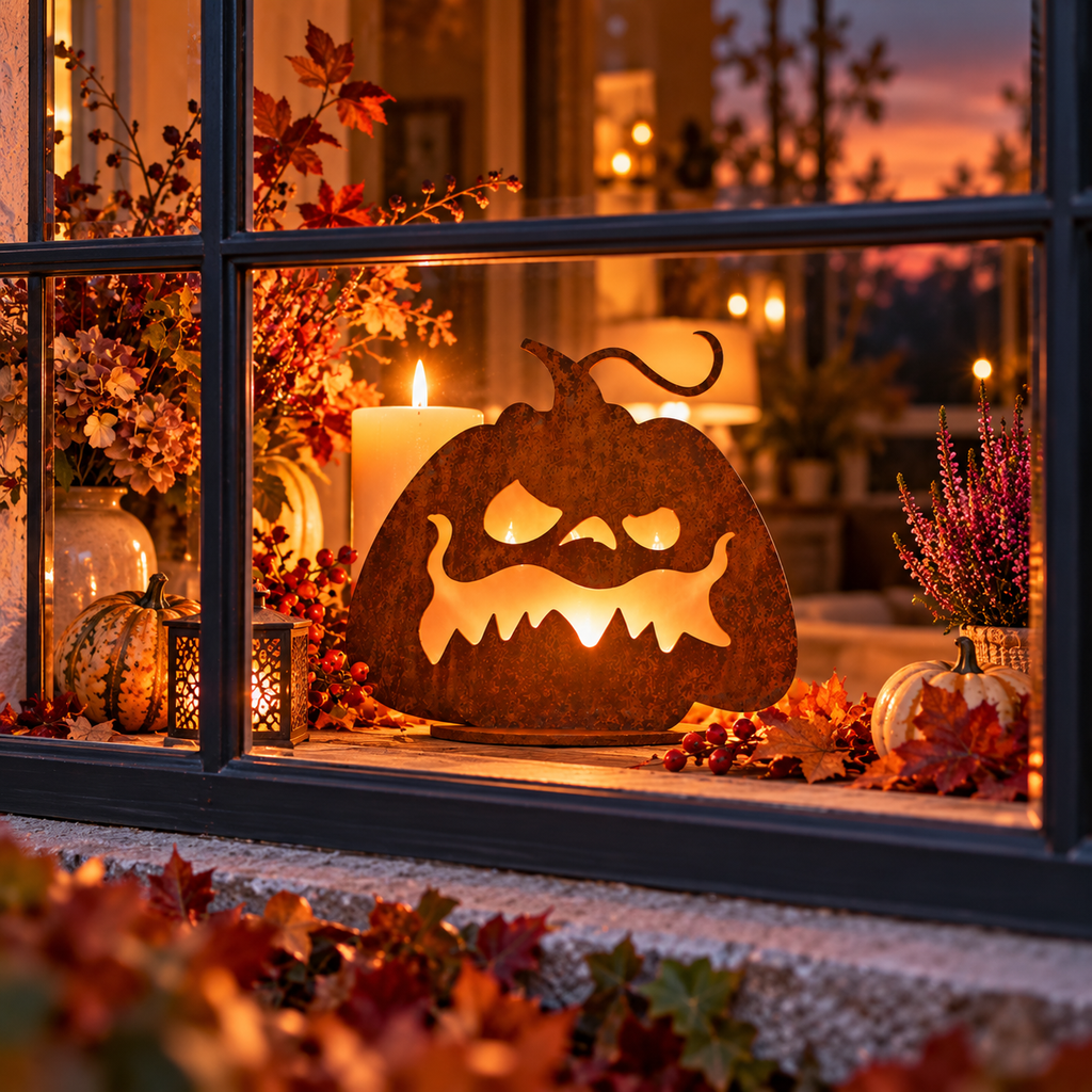 Herbstangebot: Halloween Kürbis aus Edelrost auf Platte  Höhe 27 cm Handarbeit