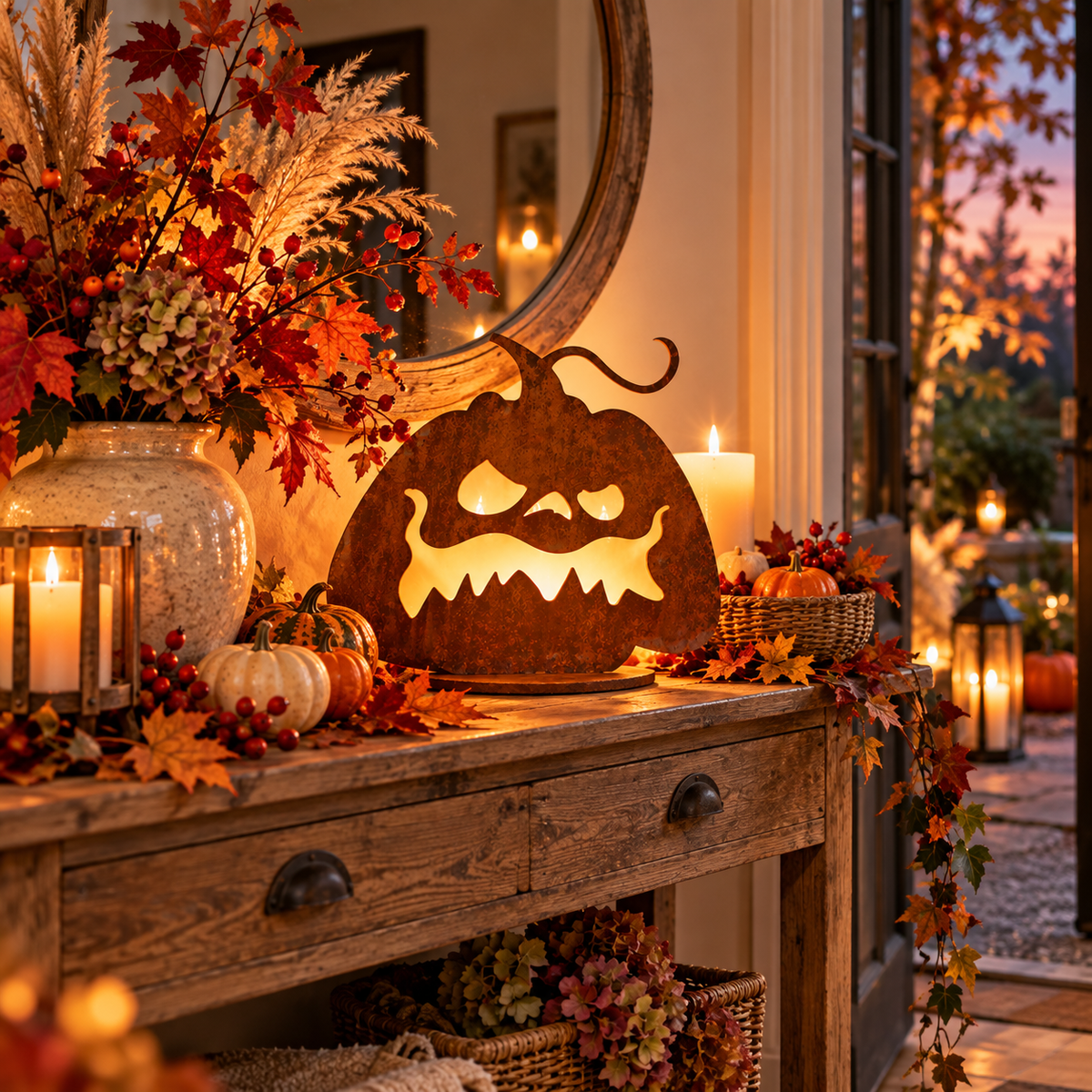 Herbstangebot: Halloween Kürbis aus Edelrost auf Platte  Höhe 27 cm Handarbeit