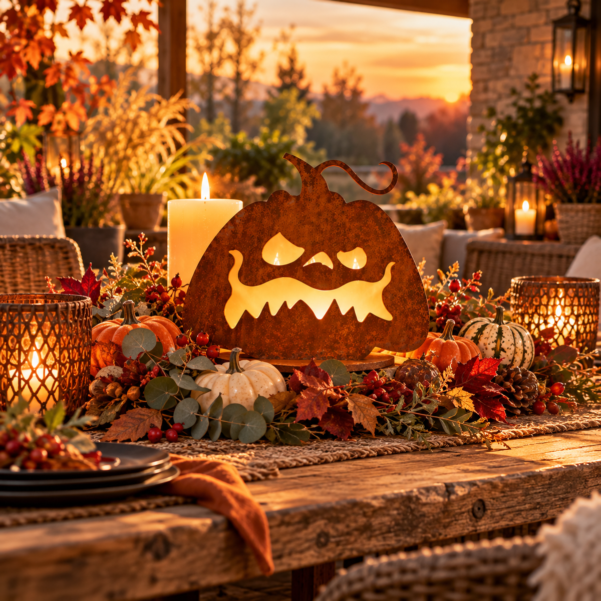 Herbstangebot: Halloween Kürbis aus Edelrost auf Platte  Höhe 27 cm Handarbeit