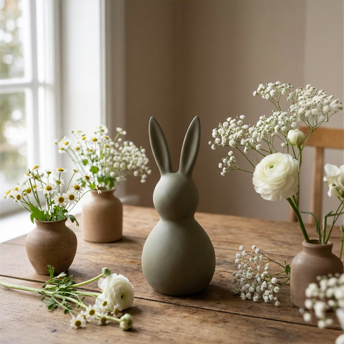 Deko Osterhase aus Keramik ca. 43  cm in Oliv-Grau – Moderne Osterdekoration, matt, Wischtechnik