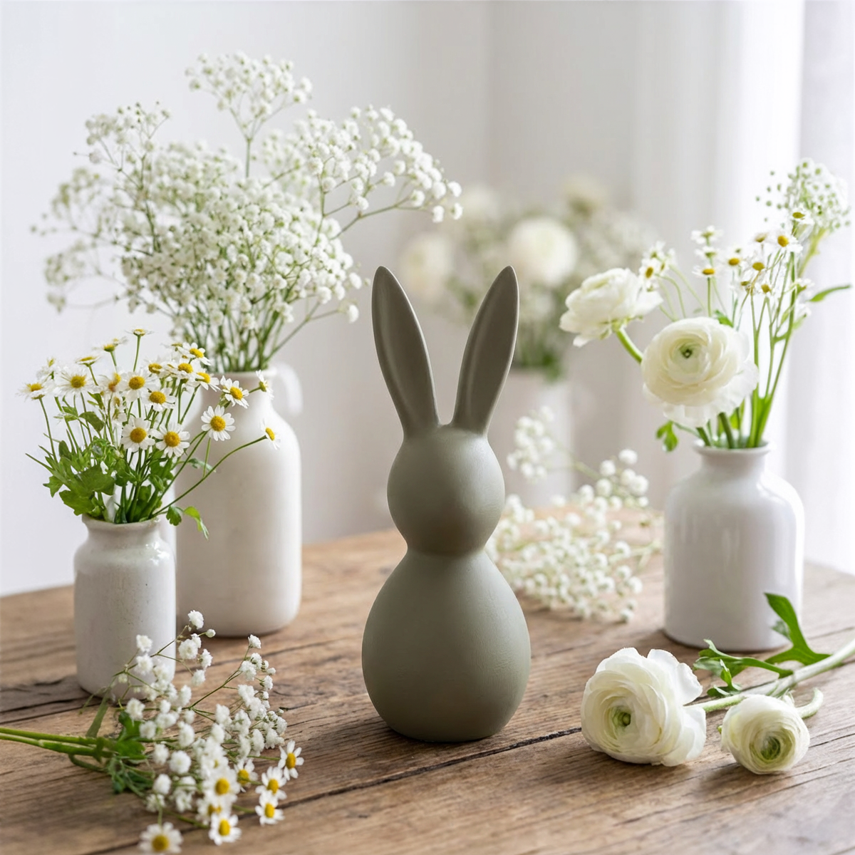 Deko Osterhase aus Keramik ca. 34 cm in Oliv-Grau – Moderne Osterdekoration, matt, Wischtechnik