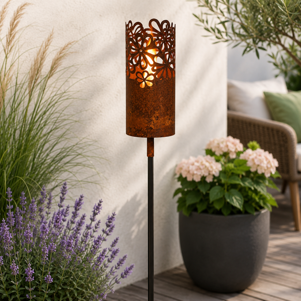 Edelrost Fackelhalter „Hippie“ mit Blumenmuster – Gartenfackel 127,5 cm inkl. Wachsdose