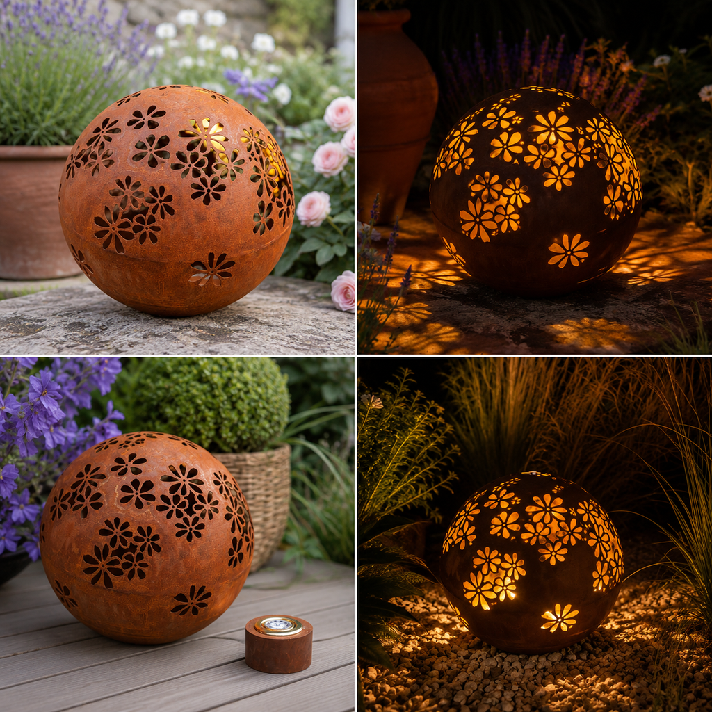 Edelrost Deko Kugel „Hippie“ Ø 40 cm mit Blumenmuster – für LED-Beleuchtung