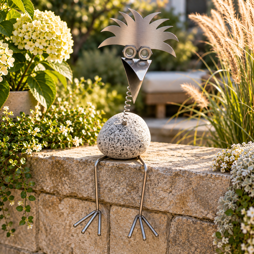 Steinvogel Kantenhocker Wackelkopf aus Granit und Edelstahl Naturstein Deko