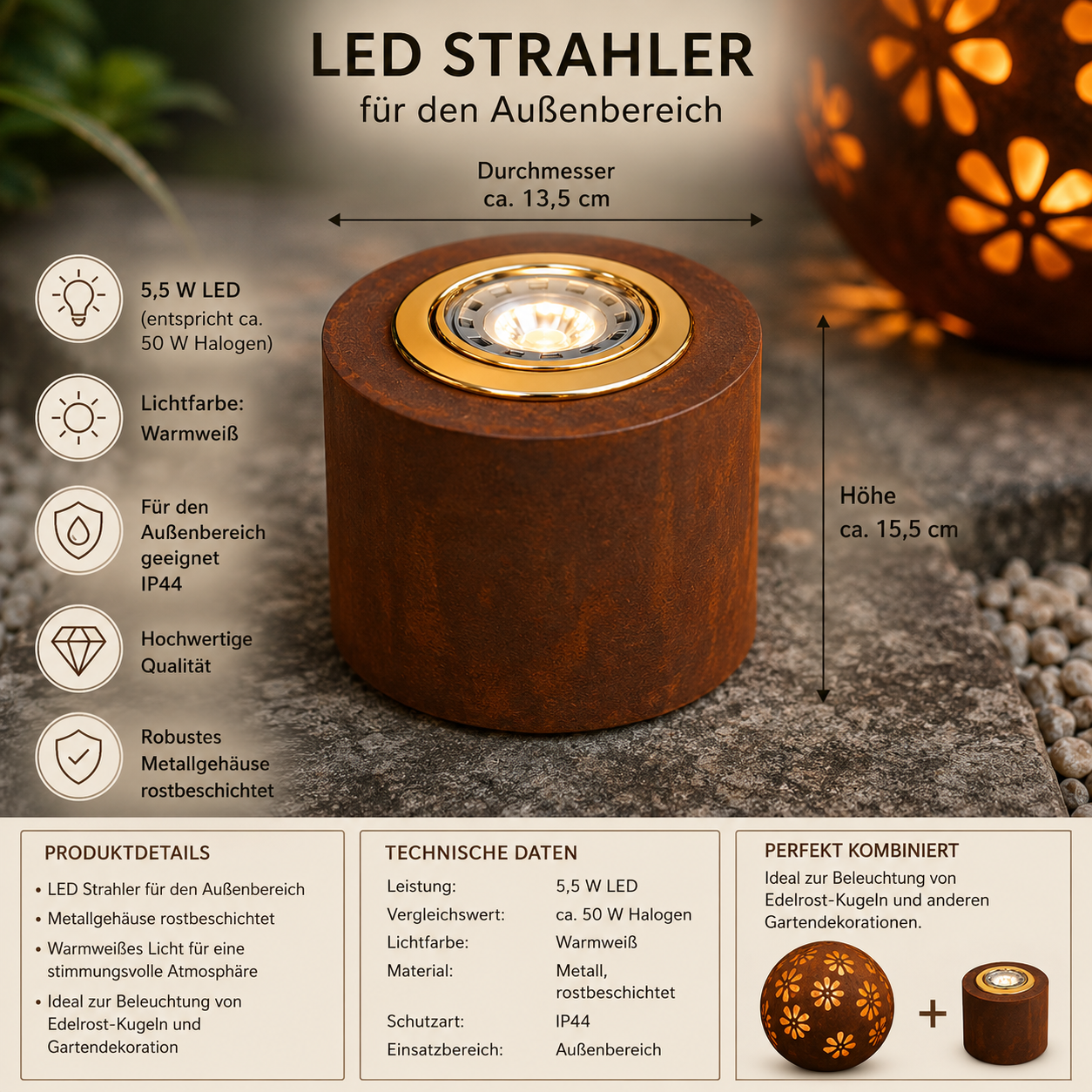 LED Strahler für Außenbereich 5,5 W warmweiß – Metallgehäuse Rostoptik