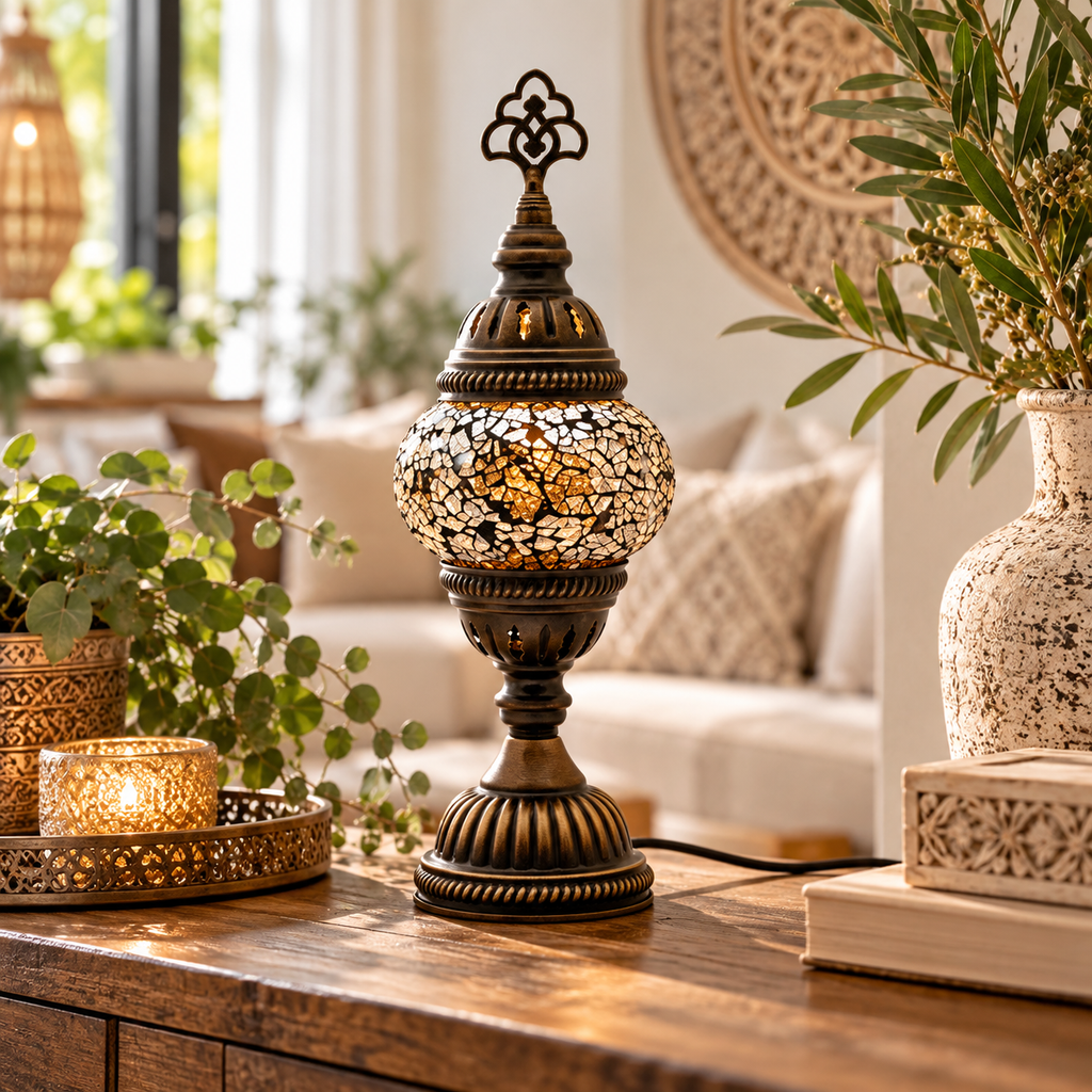 Orientalische Mosaik-Tischlampe aus Glas & Metall Höhe 29 cm