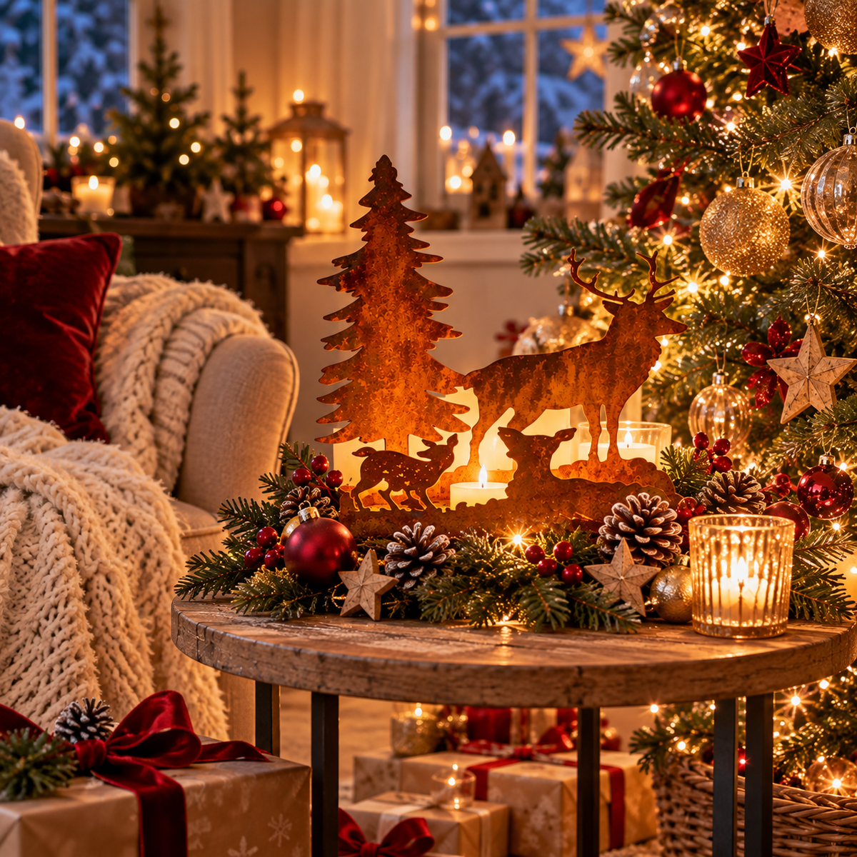 Teelichthalter Wildfamilie mit Tannenbaum aus Edelrost Höhe 30 cm