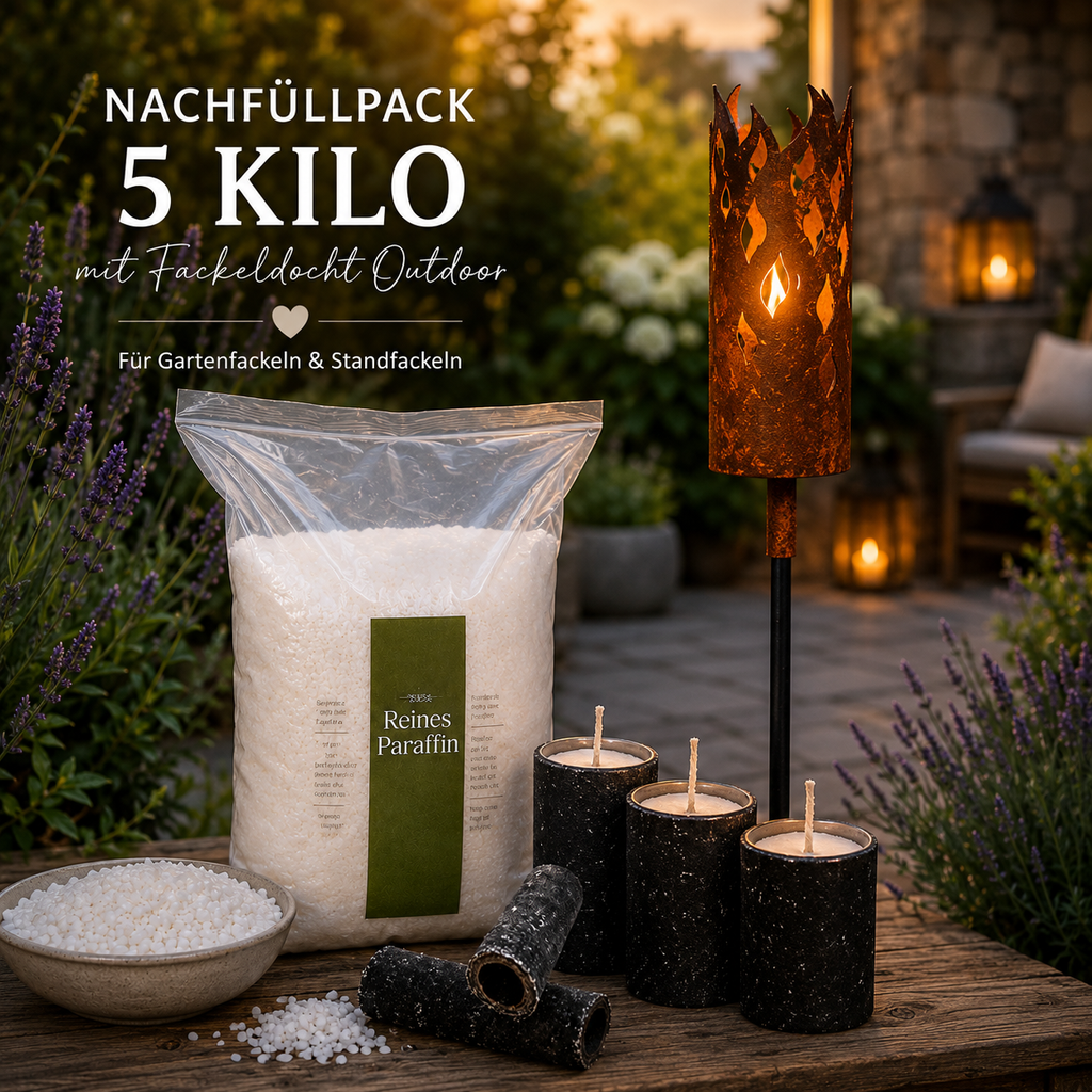 Paraffin Wachsgranulat 5 kg mit Outdoor-Fackeldocht Nachfüllset für Edelrost Gartenfackeln