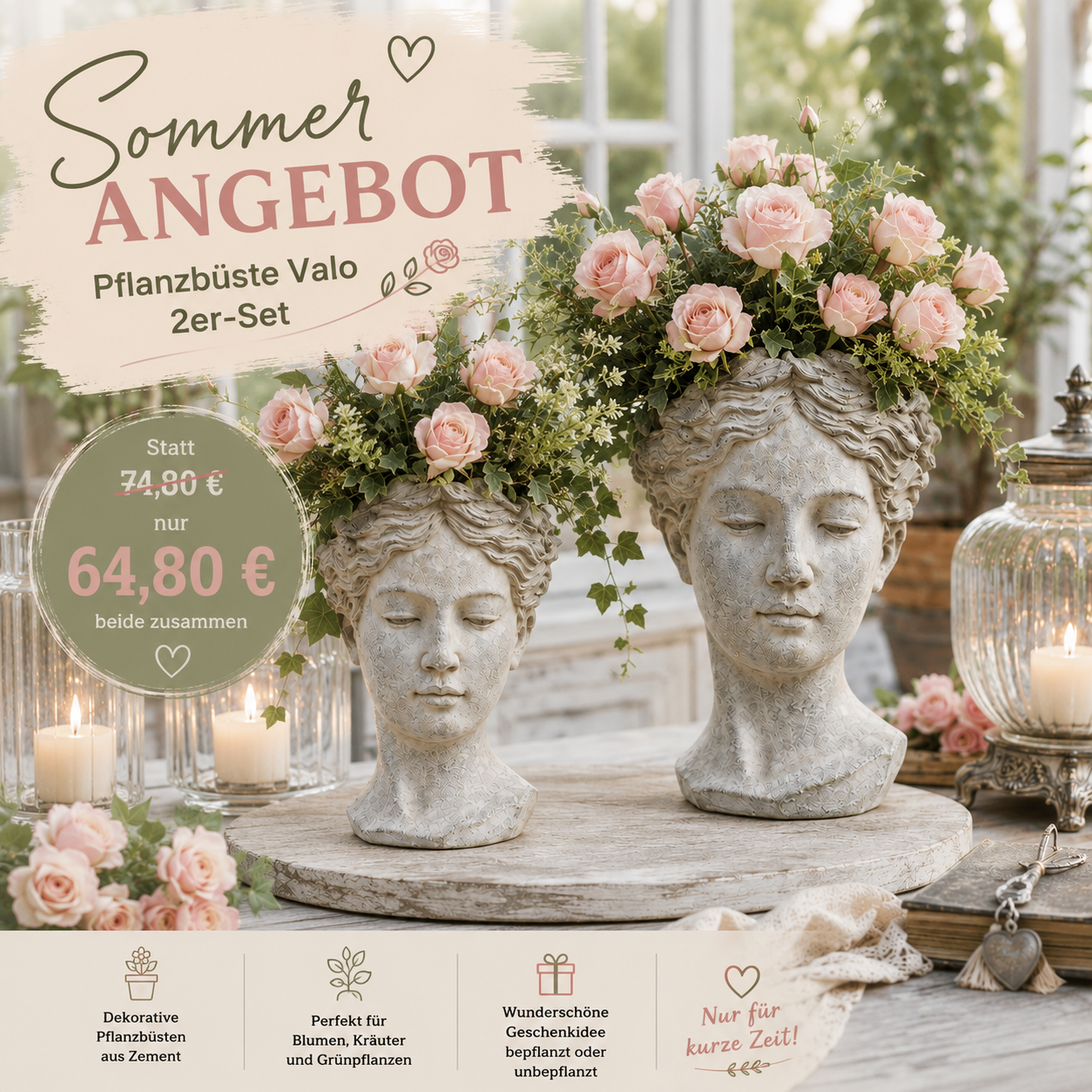 Sommerangebot – Pflanzbüste Valo 2er-Set aus Zement grau/weiß ca. 21,5 & 27 cm