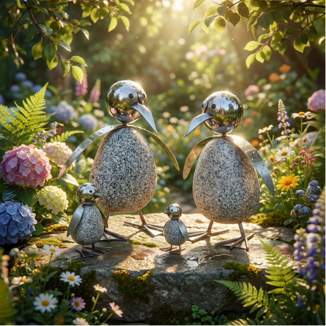 Pinguinfamilie 4er Set aus Granit & Edelstahl mit Wackelkopf