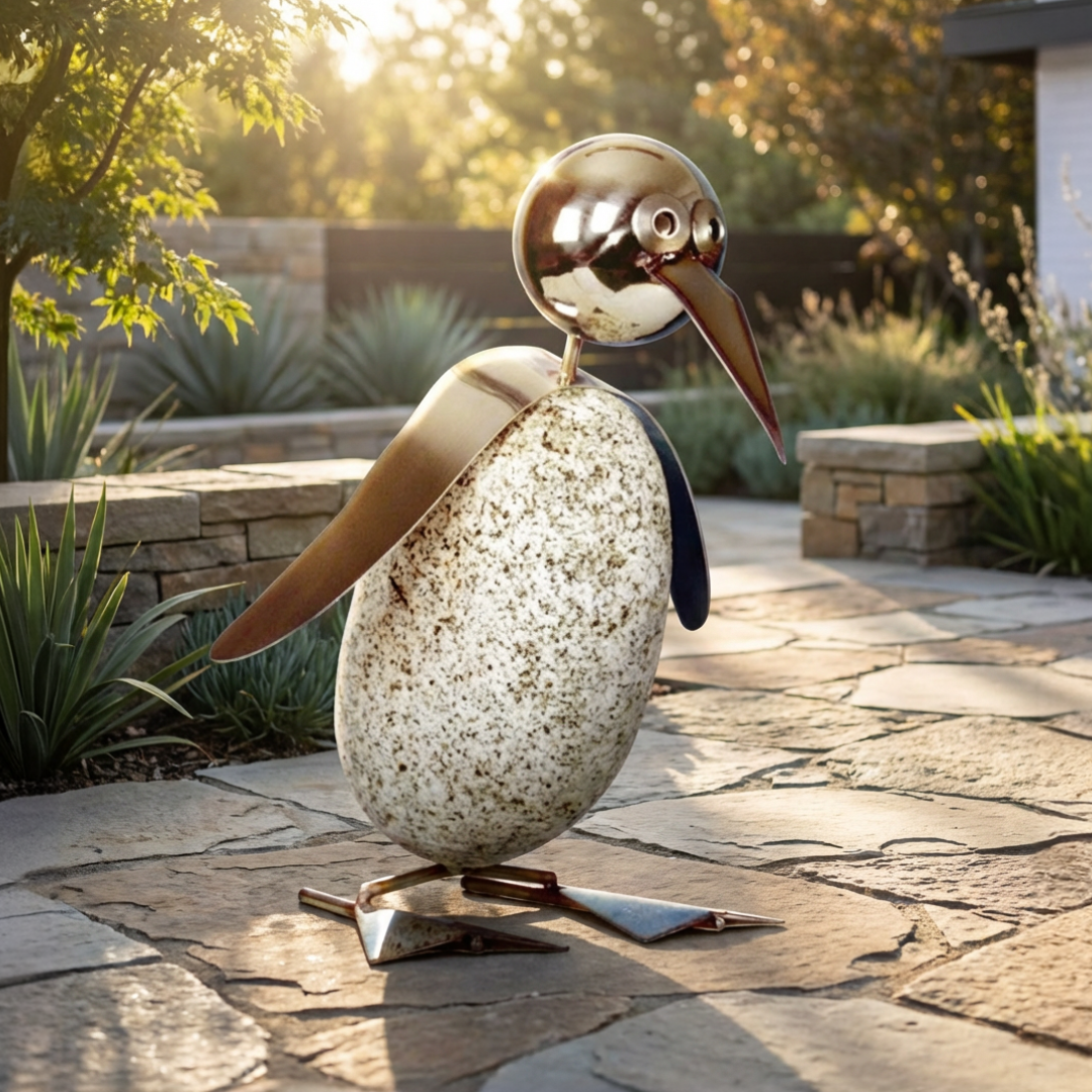Pinguinfamilie 4er Set aus Granit & Edelstahl mit Wackelkopf