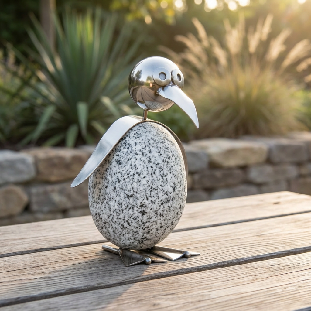 Pinguinfamilie 4er Set aus Granit & Edelstahl mit Wackelkopf
