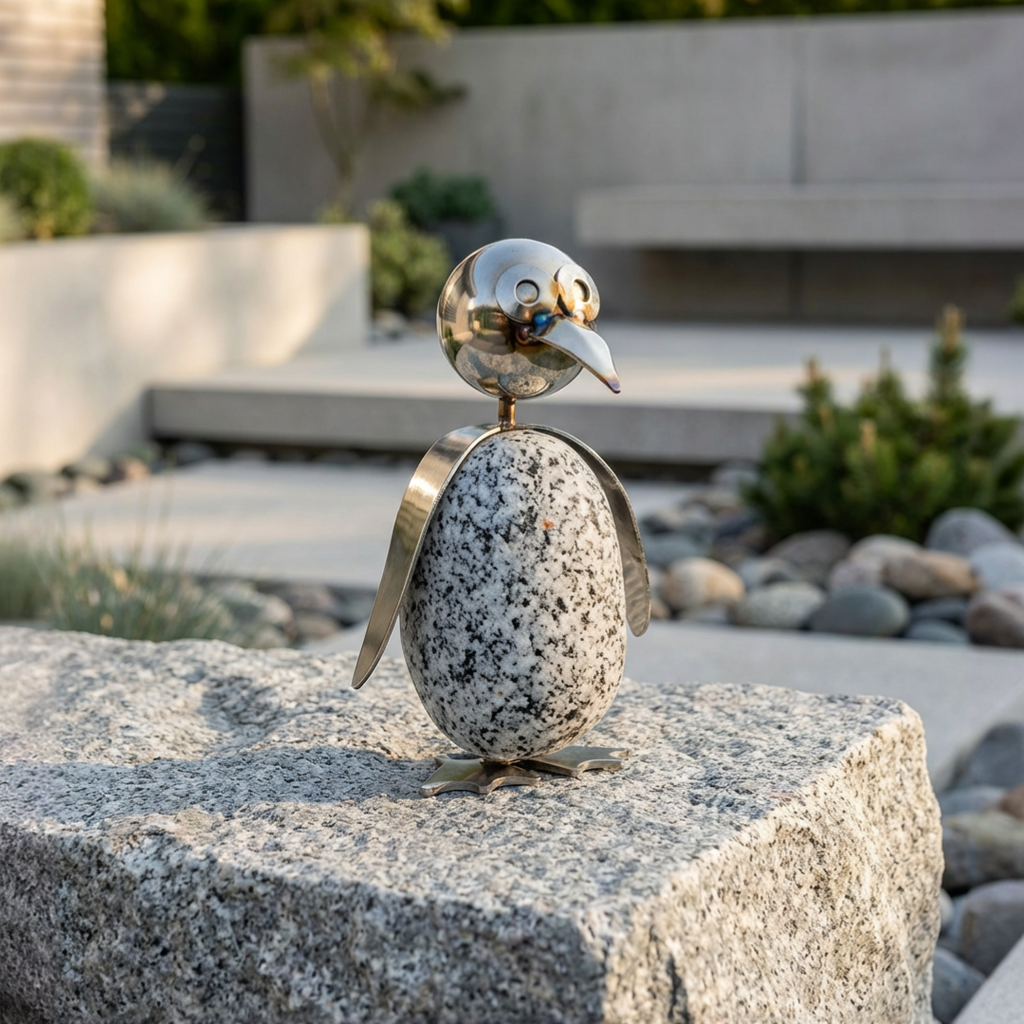 Pinguinfamilie 4er Set aus Granit & Edelstahl mit Wackelkopf