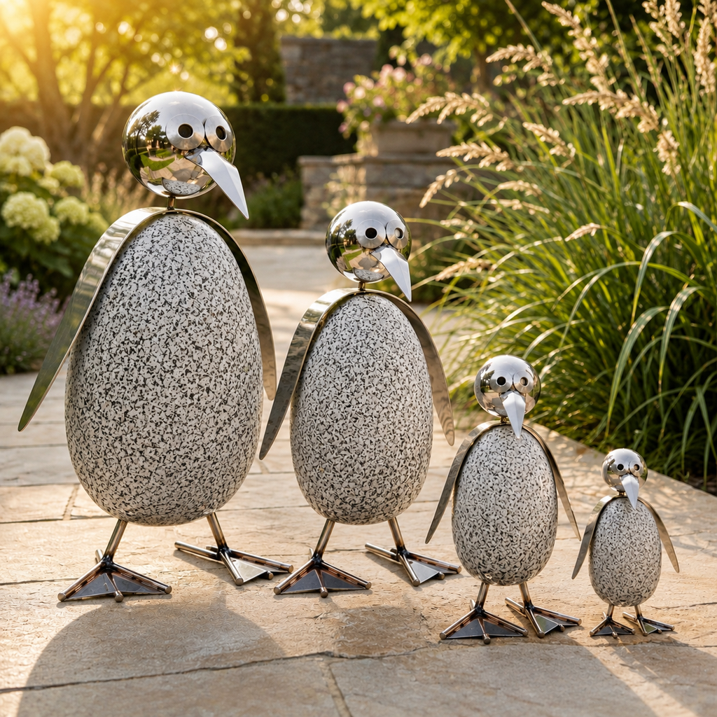 Pinguinfamilie 4er Set aus Granit & Edelstahl mit Wackelkopf