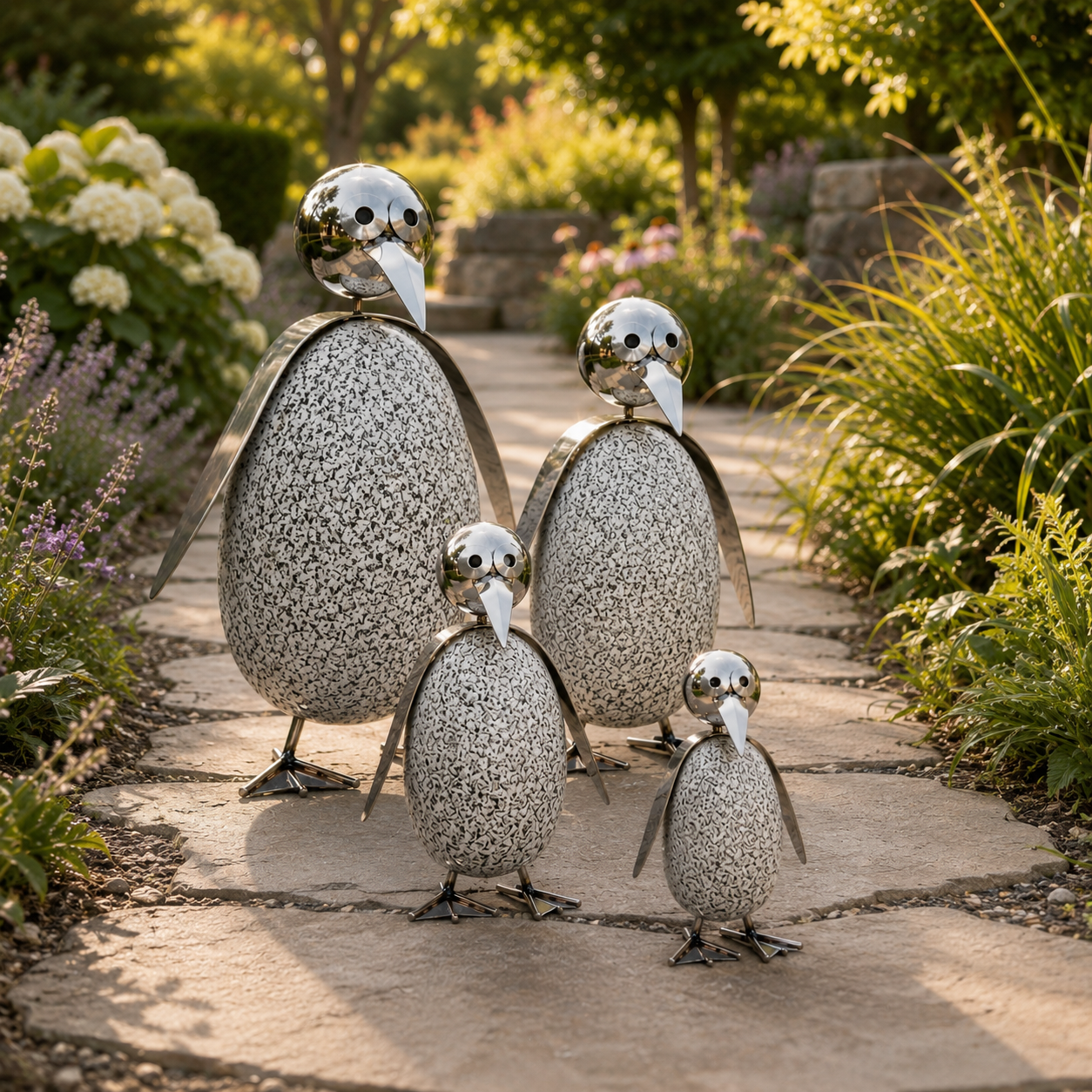 Pinguinfamilie 4er Set aus Granit & Edelstahl mit Wackelkopf