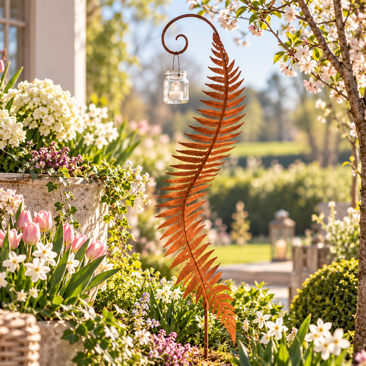 Gartenstecker Farnblatt aus Edelrost mit Teelichtglas Höhe 110 cm