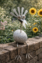 Steinvogel Kantenhocker Lustiger Fächerkopf aus Granit und Edelstahl Naturstein  Deko